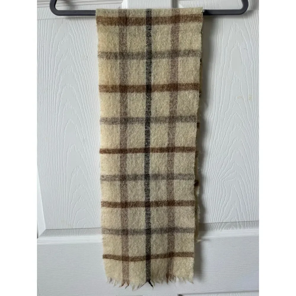 Handwoven Icelandic Wool Cream Brown‎ Plaid Scarf Fringe Minimalist Iceland Made